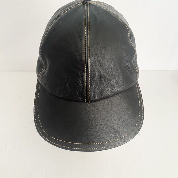 All Leather Strap Back Adjustable Hat Black Biker Orange Stitch Baseball Lined - Picture 4 of 9